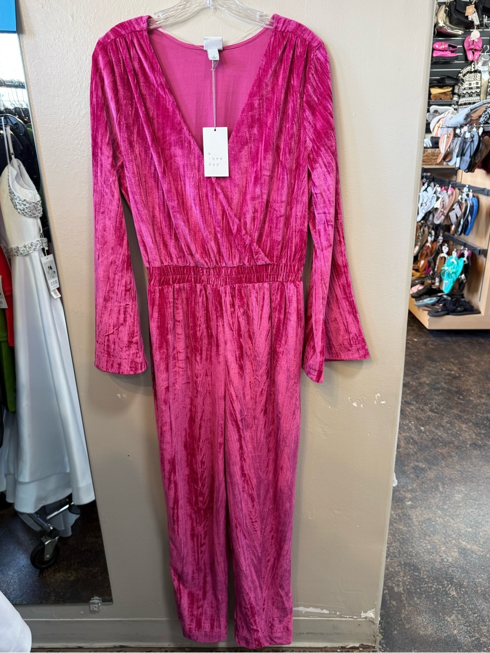 A New Day Pink Velvet Bell Sleeve Jumpsuit Size M NWT
